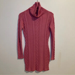 Unbranded cowl neck cable knit long sleeve mini dress tunic 100% viscose pink XS